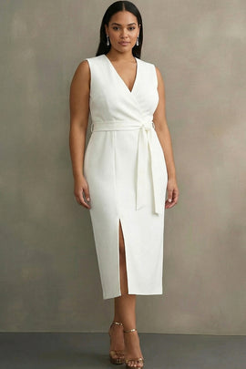 Plus Size White Satin V-Neck Sleeveless Midi Formal Dress with Belt