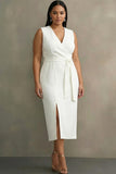 Plus Size White Satin V-Neck Sleeveless Midi Formal Dress with Belt