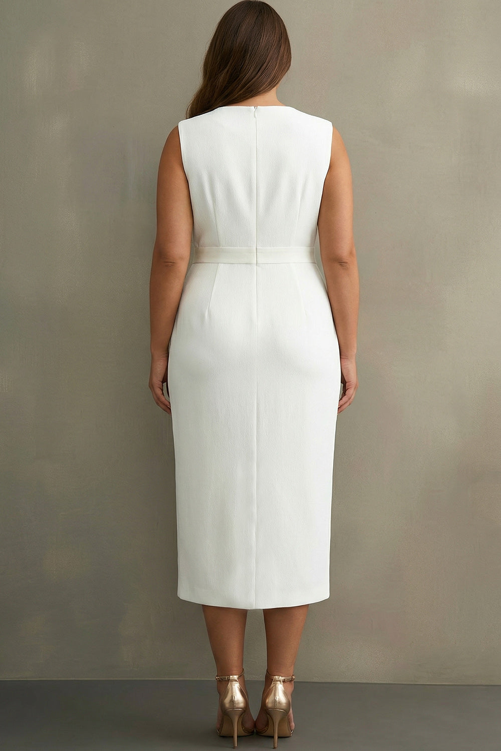 Plus Size White Satin V-Neck Sleeveless Midi Formal Dress with Belt