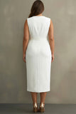 Plus Size White Satin V-Neck Sleeveless Midi Formal Dress with Belt