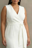 Plus Size White Satin V-Neck Sleeveless Midi Formal Dress with Belt