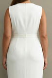 Plus Size White Satin V-Neck Sleeveless Midi Formal Dress with Belt