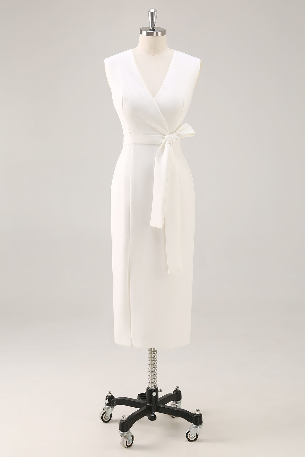 White V-Neck Sleeveless Satin Midi Formal Dress with Slit