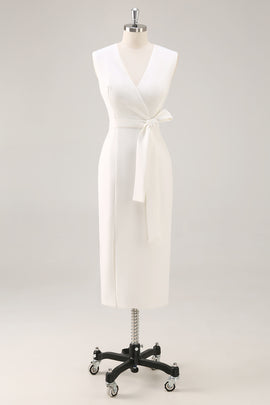 White V-Neck Sleeveless Satin Midi Formal Dress with Slit