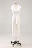 White V-Neck Sleeveless Satin Midi Formal Dress with Slit