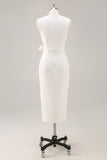 White V-Neck Sleeveless Satin Midi Formal Dress with Slit