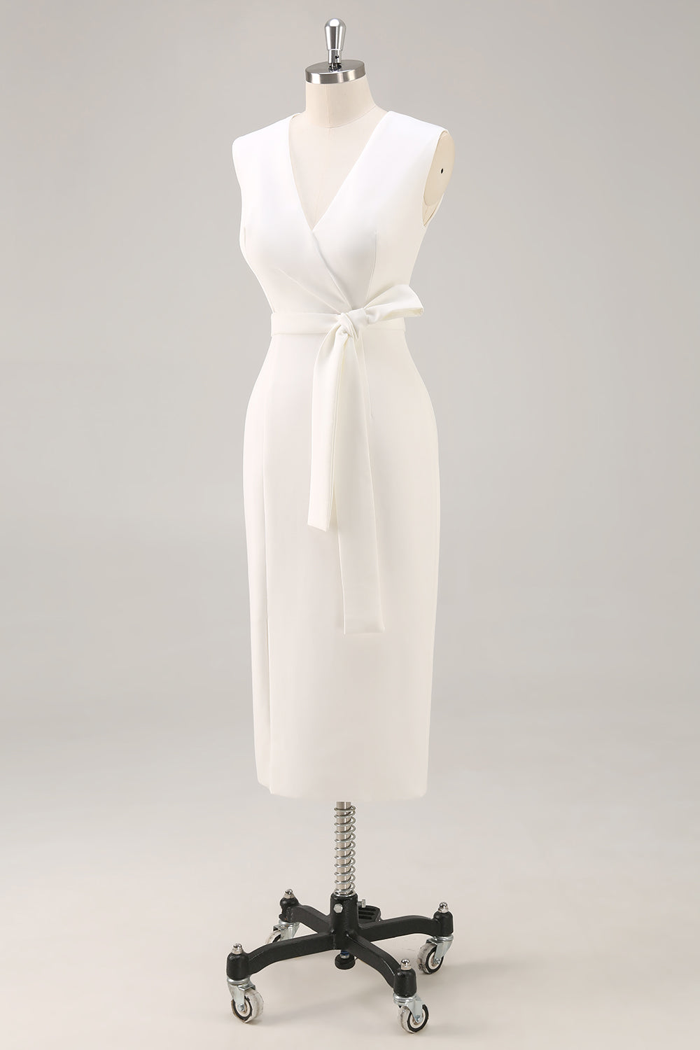 White V-Neck Sleeveless Satin Midi Formal Dress with Slit