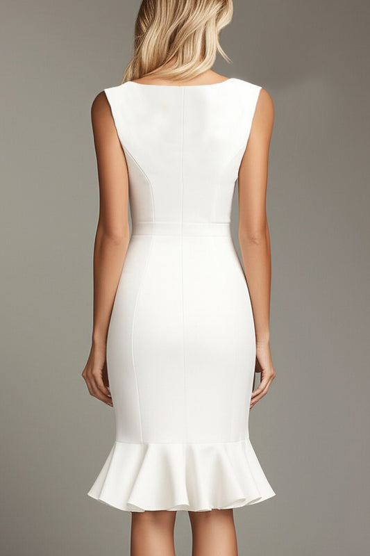 White Deep V-Neck Bodycon Midi Formal Dress