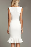 White Deep V-Neck Bodycon Midi Formal Dress