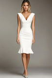 White Deep V-Neck Bodycon Midi Formal Dress