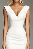 White Deep V-Neck Bodycon Midi Formal Dress