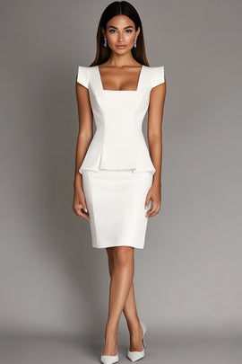 White Square Neck Midi Bodycon Formal Dress with Cap Sleeves