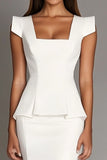 White Square Neck Midi Bodycon Formal Dress with Cap Sleeves