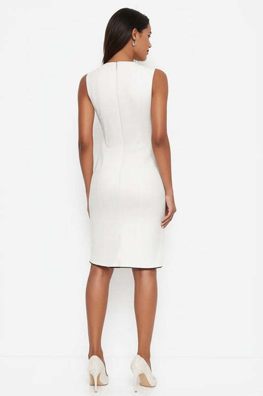 White A Line Satin Sleeveless Round Neck Midi Formal Dress