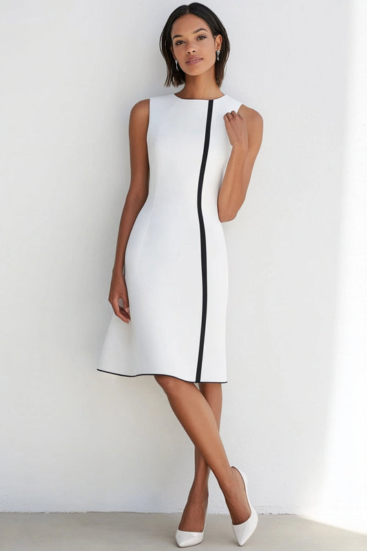 White A Line Satin Sleeveless Round Neck Midi Formal Dress