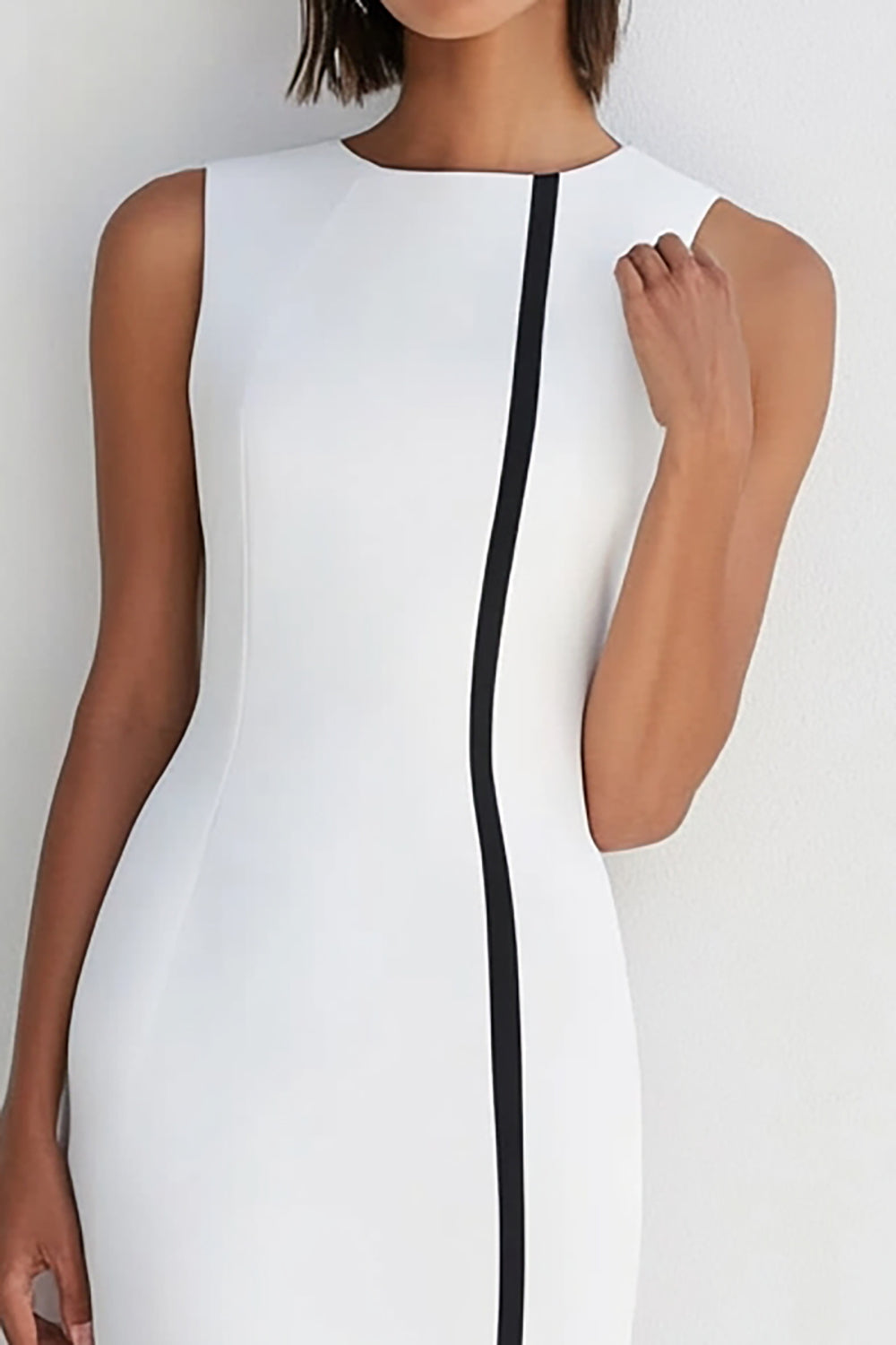 White A Line Satin Sleeveless Round Neck Midi Formal Dress