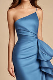 Blue One Shoulder Satin Mermaid Long Wedding Guest Dress with Ruffles