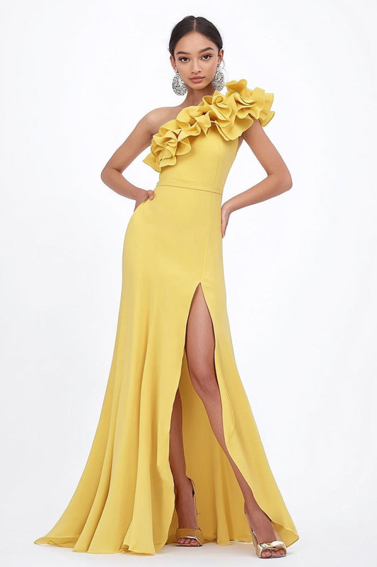 Yellow Sheath Satin Long Ruffled Wedding Guest Dress with Slit