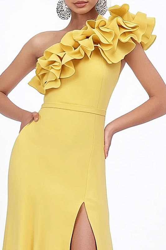 Yellow Sheath Satin Long Ruffled Wedding Guest Dress with Slit