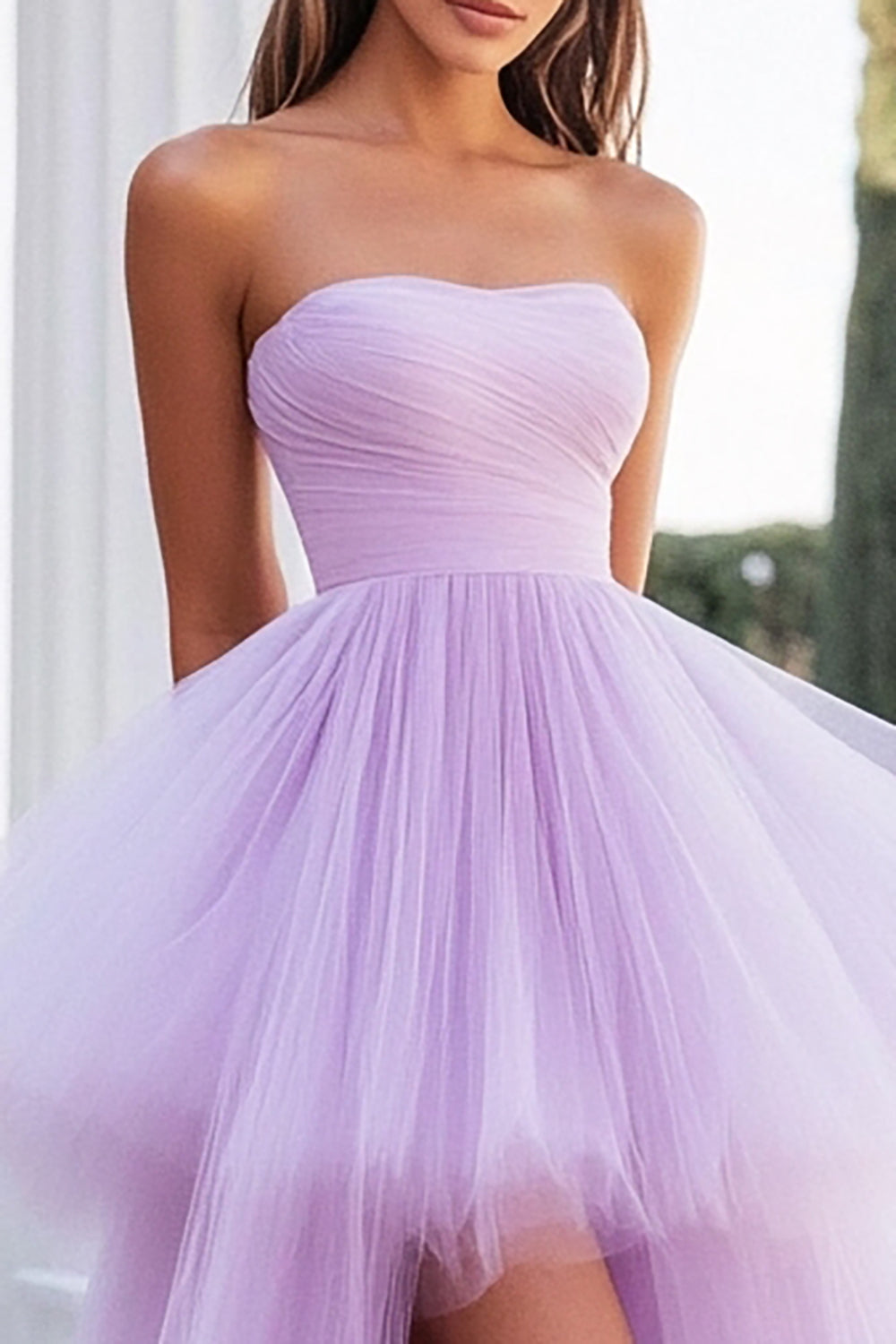 Lilac Tulle Strapless A Line High Low Wedding Guest Dress