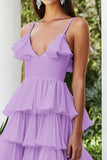Lilac V-Neck Chiffon Tiered Mid-Calf Wedding Guest Dress with Ruffles