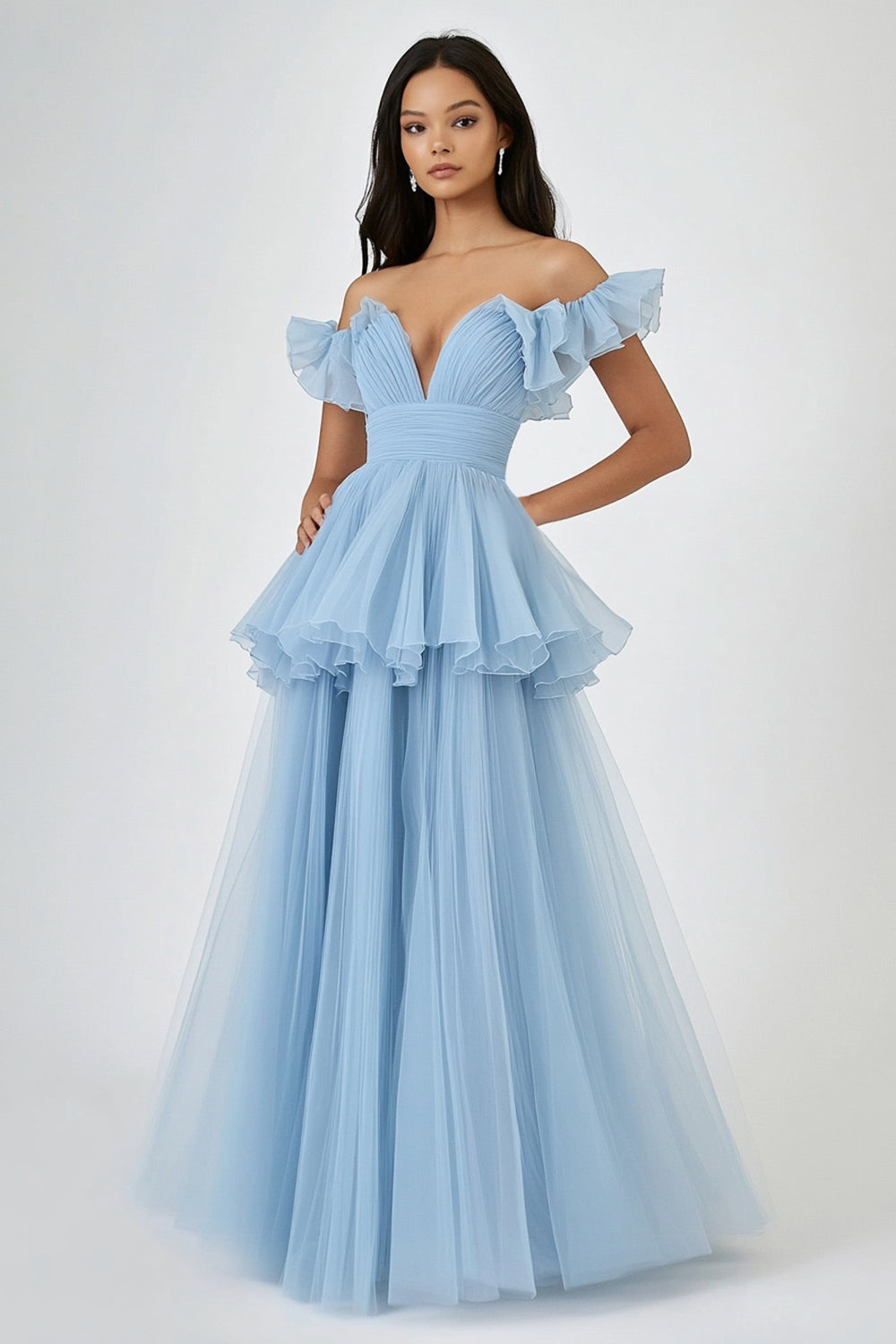 A Line Sky Blue Off the Shoulder Long Wedding Guest Dress with Ruffles