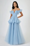 A Line Sky Blue Off the Shoulder Long Wedding Guest Dress with Ruffles