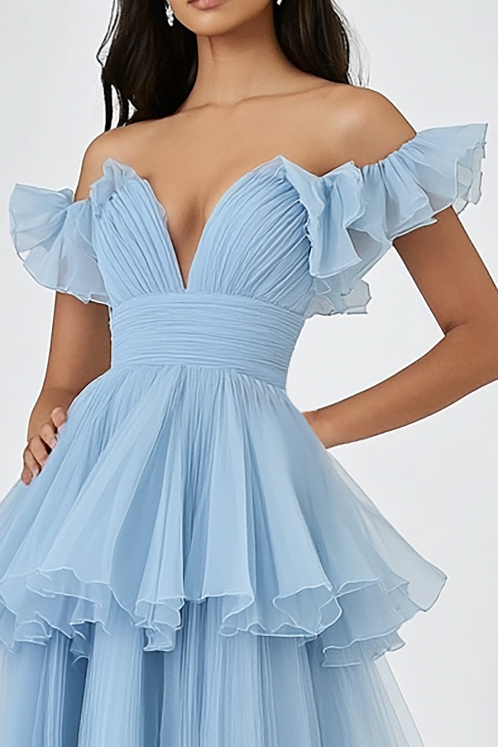 A Line Sky Blue Off the Shoulder Long Wedding Guest Dress with Ruffles