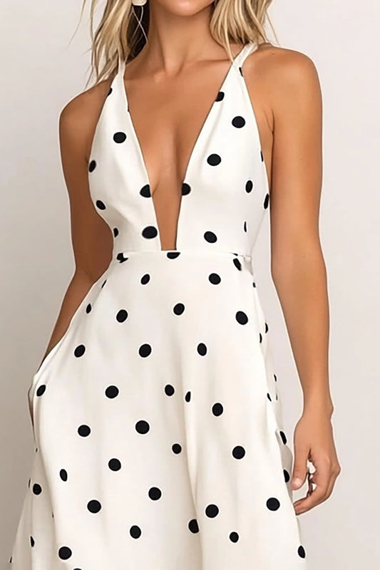 White Deep V-Neck Satin A Line Long Black Dot Wedding Guest Dress