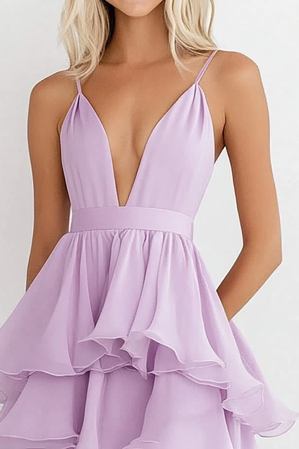 Lilac Chiffon Knee-Length V-Neck Wedding Guest Dress with Ruffles