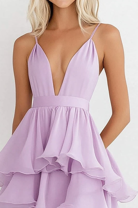 Lilac Chiffon Knee-Length V-Neck Wedding Guest Dress with Ruffles