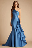 Blue Mermaid Satin Long One Shoulder Wedding Guest Dress with Ruffles