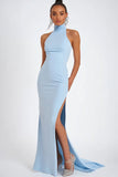 Sky Blue Mermaid Long Satin Wedding Guest Dress with Slit