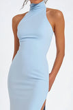 Sky Blue Mermaid Long Satin Wedding Guest Dress with Slit