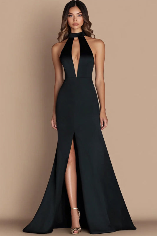 Simple Halter Satin Long Keyhole Black Tie Dress with Slit