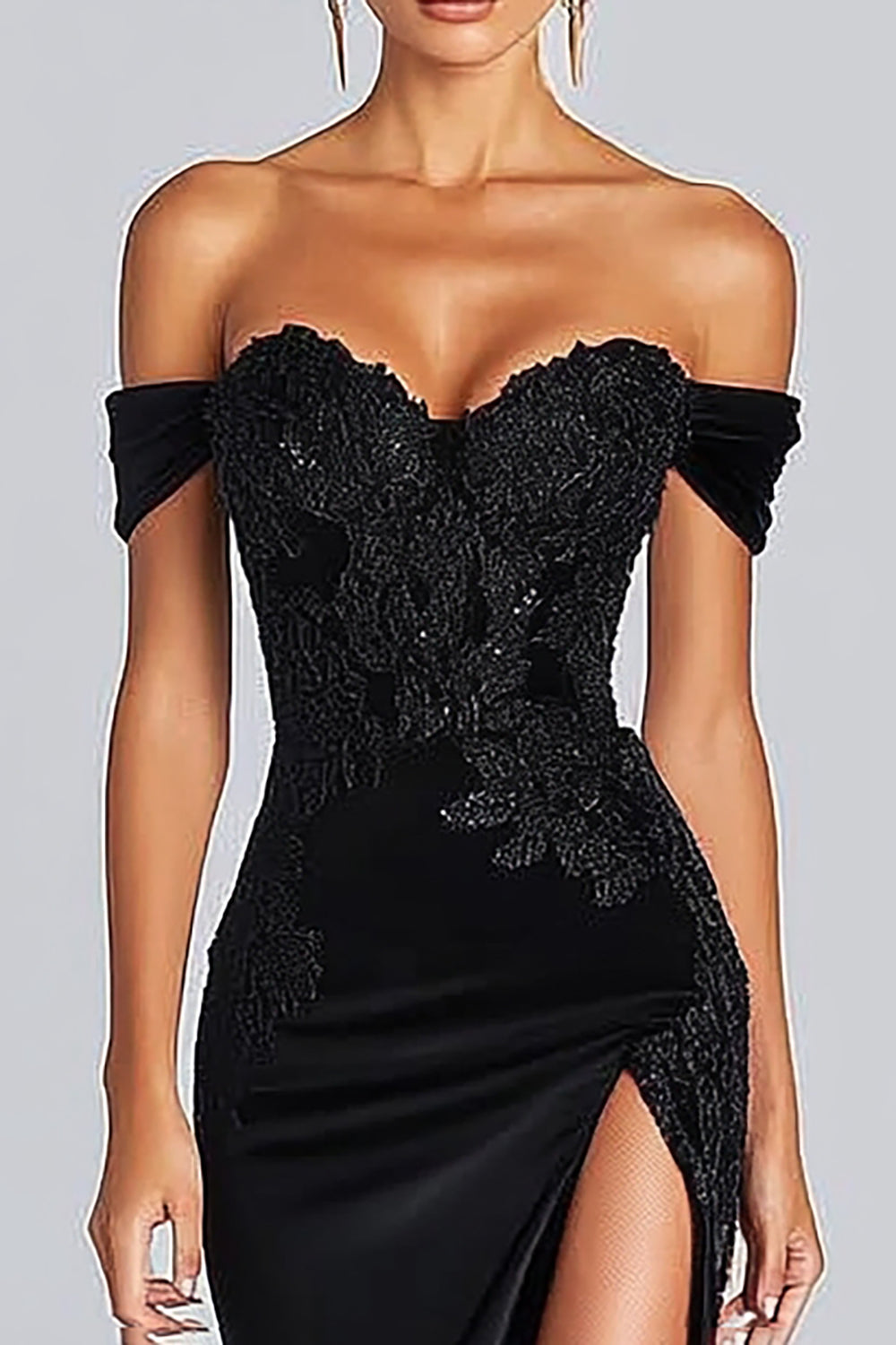 Off the Shoulder Long Satin Black Tie Gala Dress with Slit