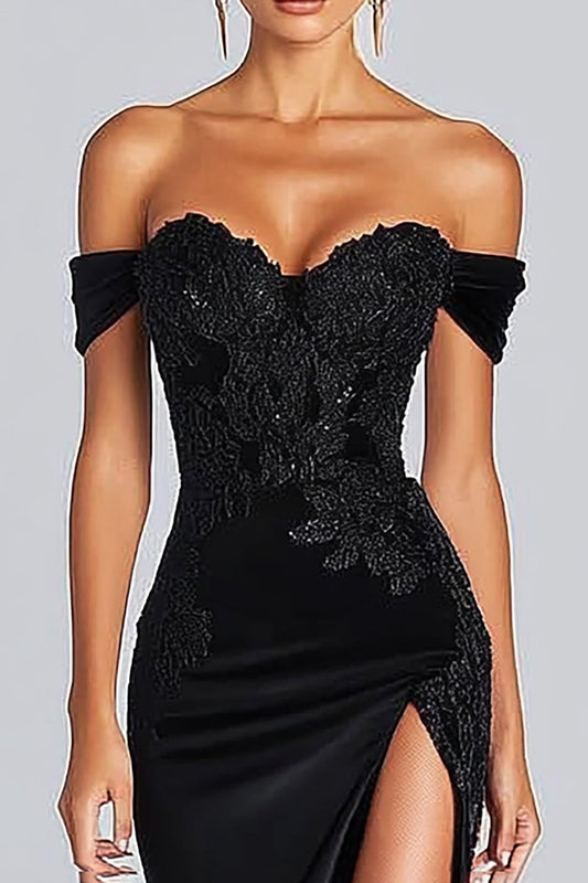 Off the Shoulder Long Satin Black Tie Gala Dress with Slit