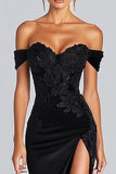Off the Shoulder Long Satin Black Tie Gala Dress with Slit
