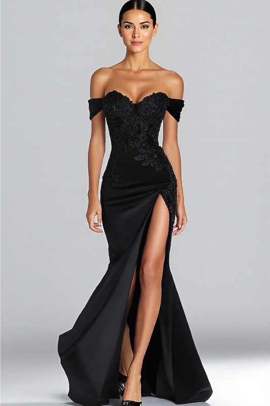 Off the Shoulder Long Satin Black Tie Gala Dress with Slit