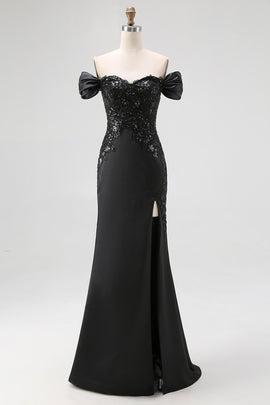 ZAPAKA Women Mermaid Sweetheart Long Satin Formal Dress with Slit Off the Shoulder Lace Black Tie Gala Dress