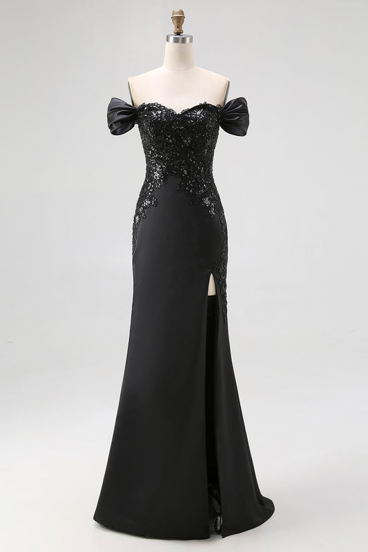 Mermaid Off the Shoulder Long Satin Black Tie Gala Dress with Slit
