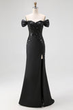 ZAPAKA Women Mermaid Sweetheart Long Satin Formal Dress with Slit Off the Shoulder Lace Black Tie Gala Dress