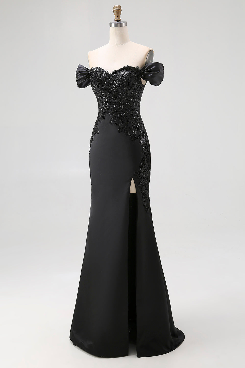 Mermaid Off the Shoulder Long Satin Black Tie Gala Dress with Slit