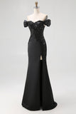 Mermaid Off the Shoulder Long Satin Black Tie Gala Dress with Slit