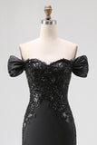 Mermaid Off the Shoulder Long Satin Black Tie Gala Dress with Slit