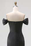 Mermaid Off the Shoulder Long Satin Black Tie Gala Dress with Slit