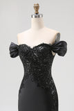Mermaid Off the Shoulder Long Satin Black Tie Gala Dress with Slit