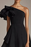 A Line One Shoulder Satin Short Little Black Dress
