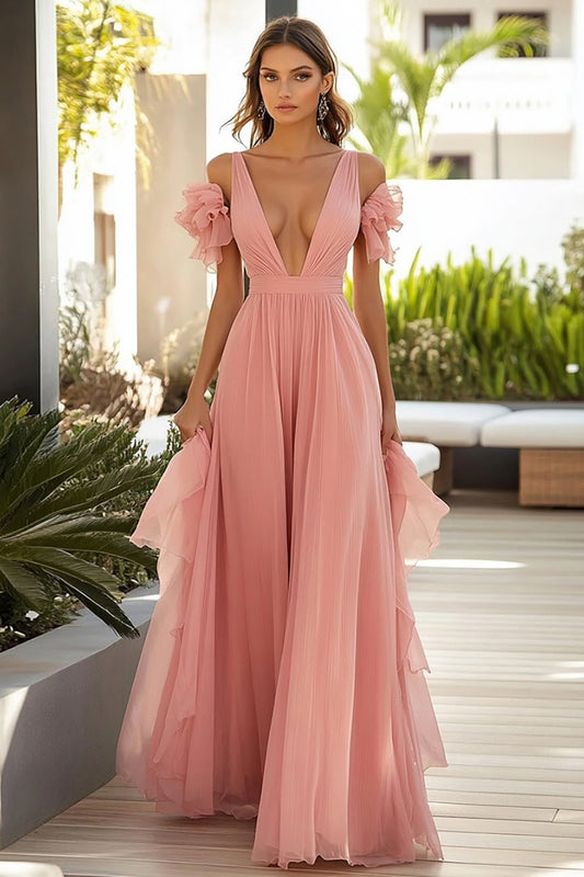 Pink Deep V-Neck A Line Long Wedding Guest Dress with Ruffles