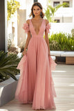 Pink Deep V-Neck A Line Long Wedding Guest Dress with Ruffles